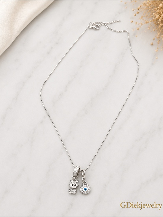 Jewelry - Silver Kitty and Evil Eye Pendant Necklace - Silver